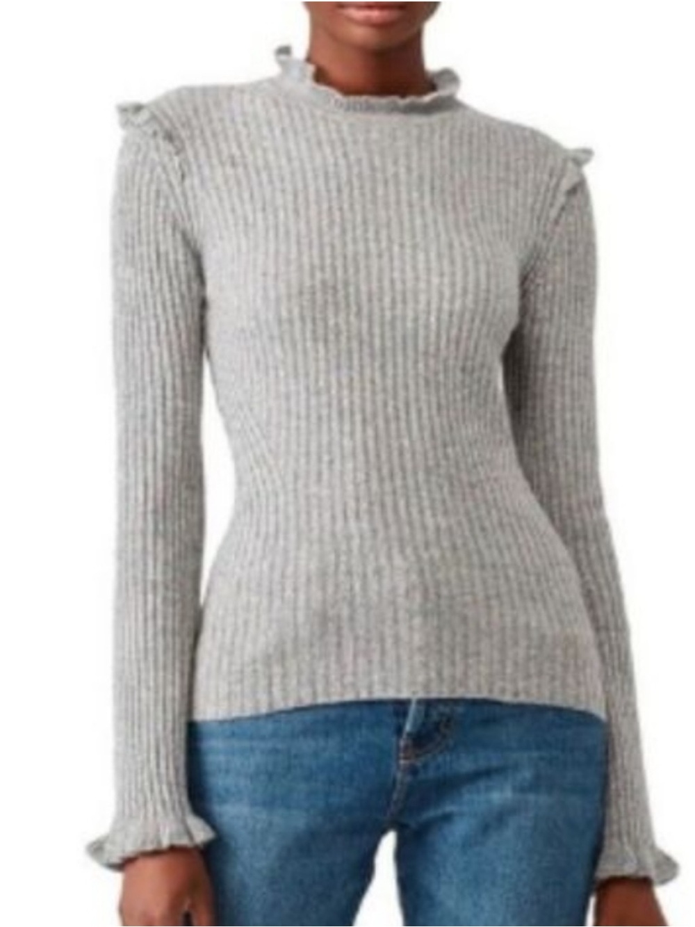 Derek Lam 10 Crosby Cashmere Wool Blend Ribbed Sweater L Grey Ruffled Quiet Luxe
